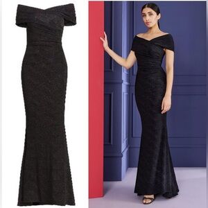 Talbot Runhof Off-The-Shoulder Metallic Gown Black Shimmering Maxi Dress